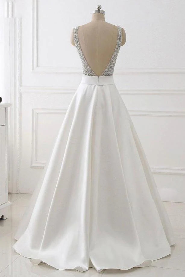 Stunning Ivory A-Line V-Neck Satin Backless Sleeveless Evening Prom Dress with Beaded