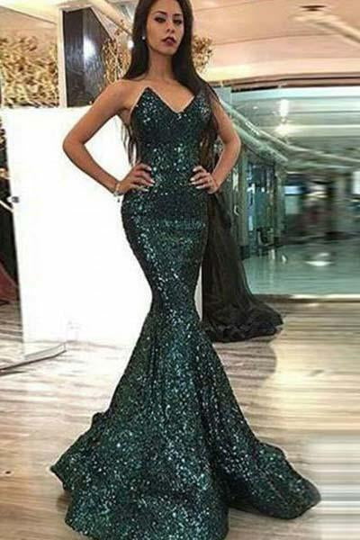 Sweetheart Mermaid Green Long Prom Dresses Strapless Sleeveless Evening Dresses