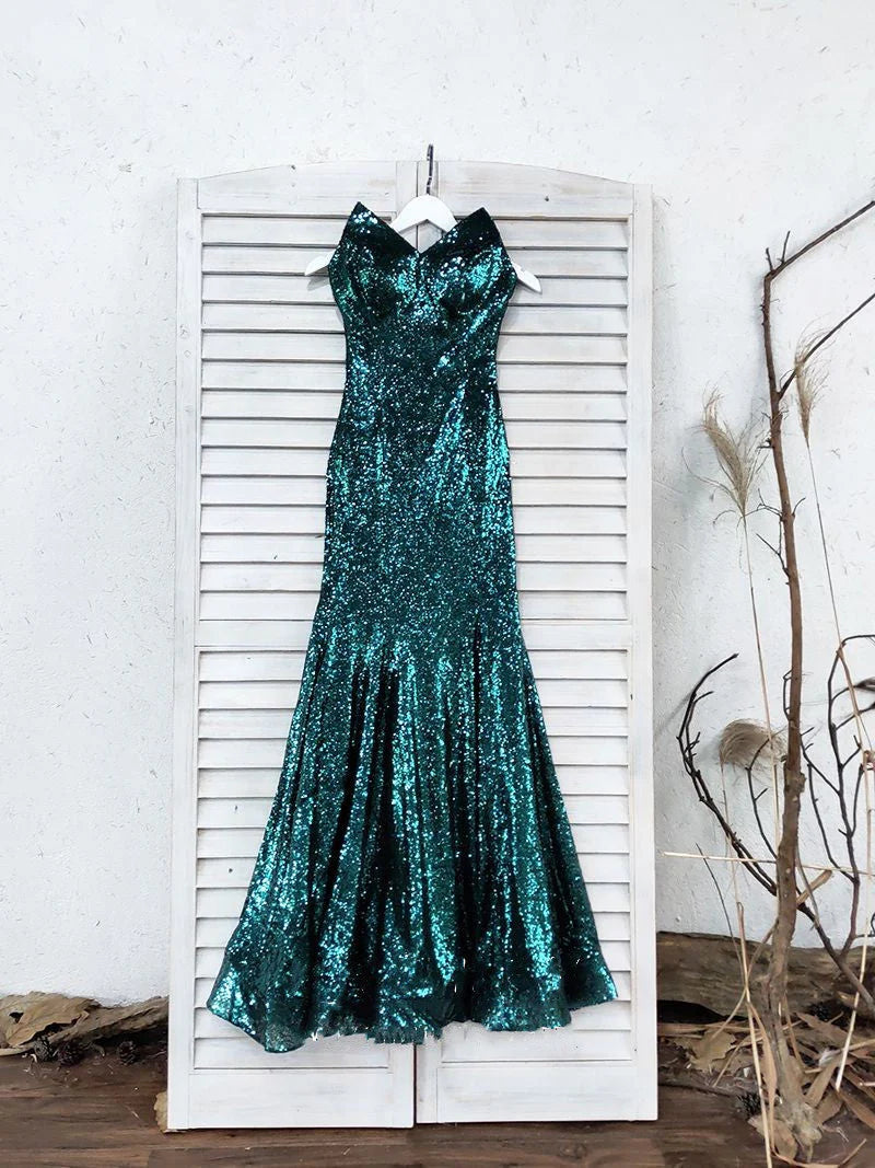 Sweetheart Mermaid Green Long Prom Dresses Strapless Sleeveless Evening Dresses