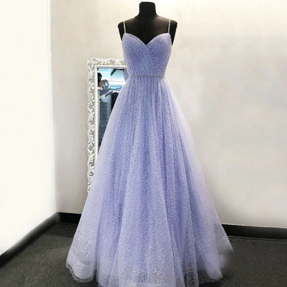 Sweetheart Neck Spaghetti Straps Lavender Beaded Prom Dresses Long Evening Dresses