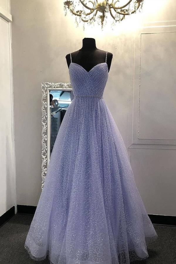 Sweetheart Neck Spaghetti Straps Lavender Beaded Prom Dresses Long Evening Dresses