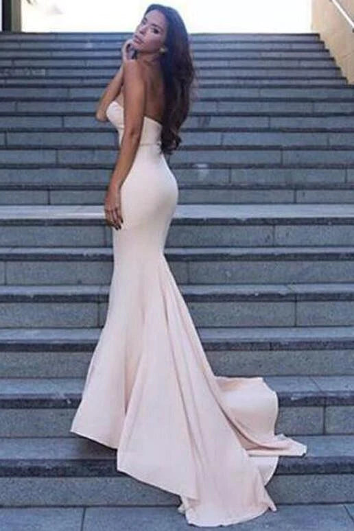 Sweetheart Strapless Prom Dresses Simple Long Mermaid Satin Evening Gowns