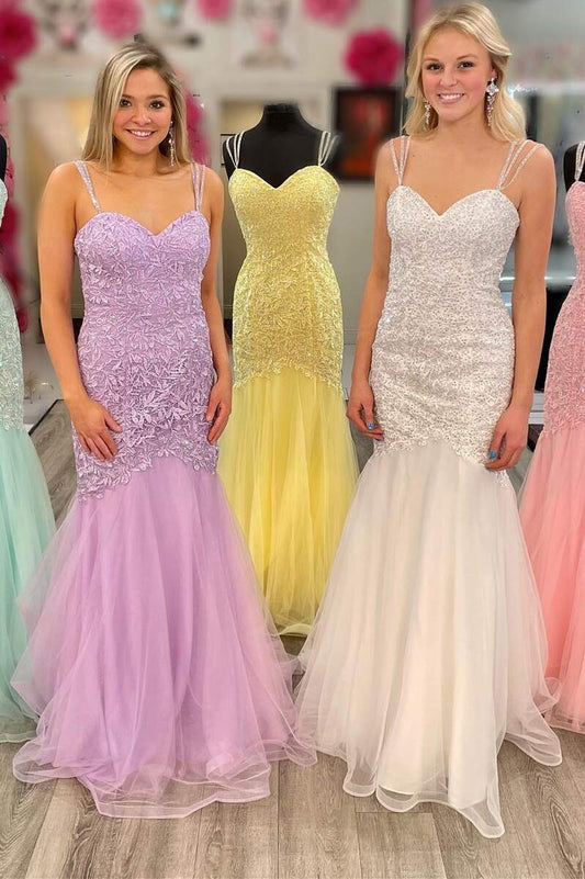 Sweetheart Straps Lace & Tulle Prom Dresses Mermaid With Applique Sweep Train