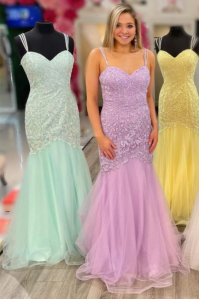 Sweetheart Straps Lace & Tulle Prom Dresses Mermaid With Applique Sweep Train