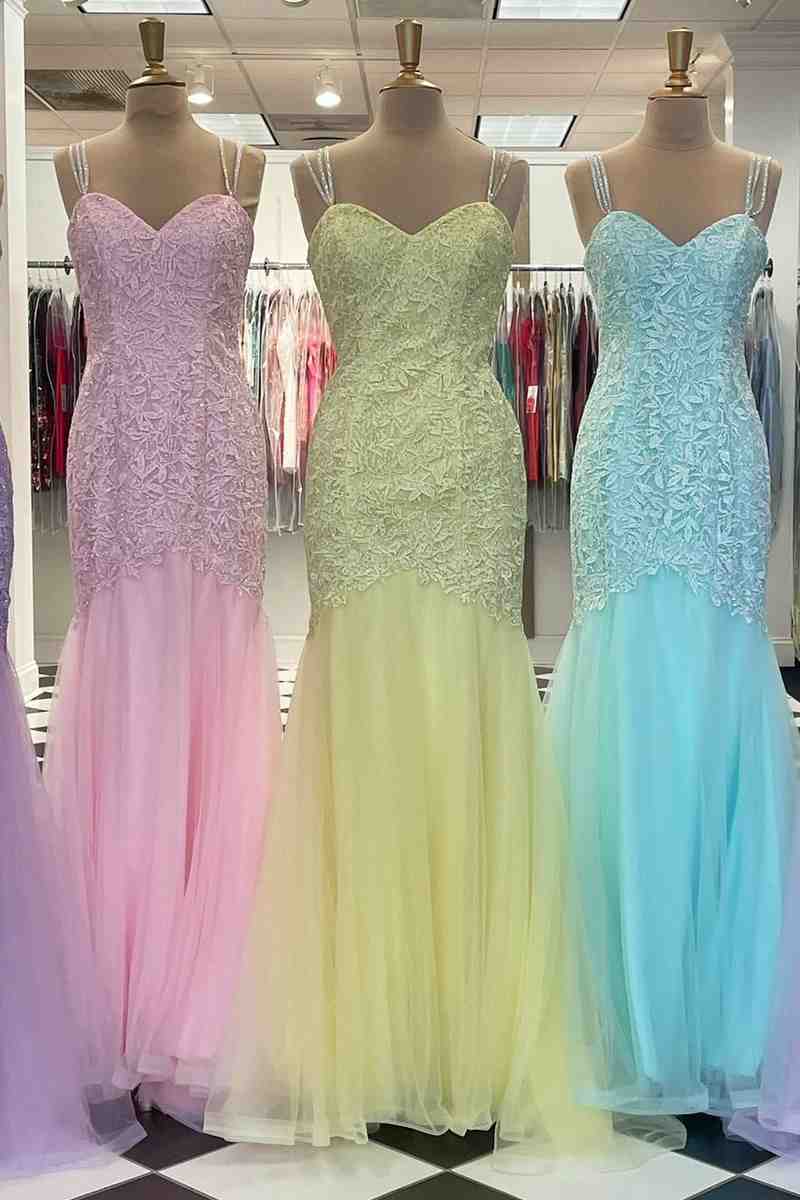 Sweetheart Straps Lace & Tulle Prom Dresses Mermaid With Applique Sweep Train