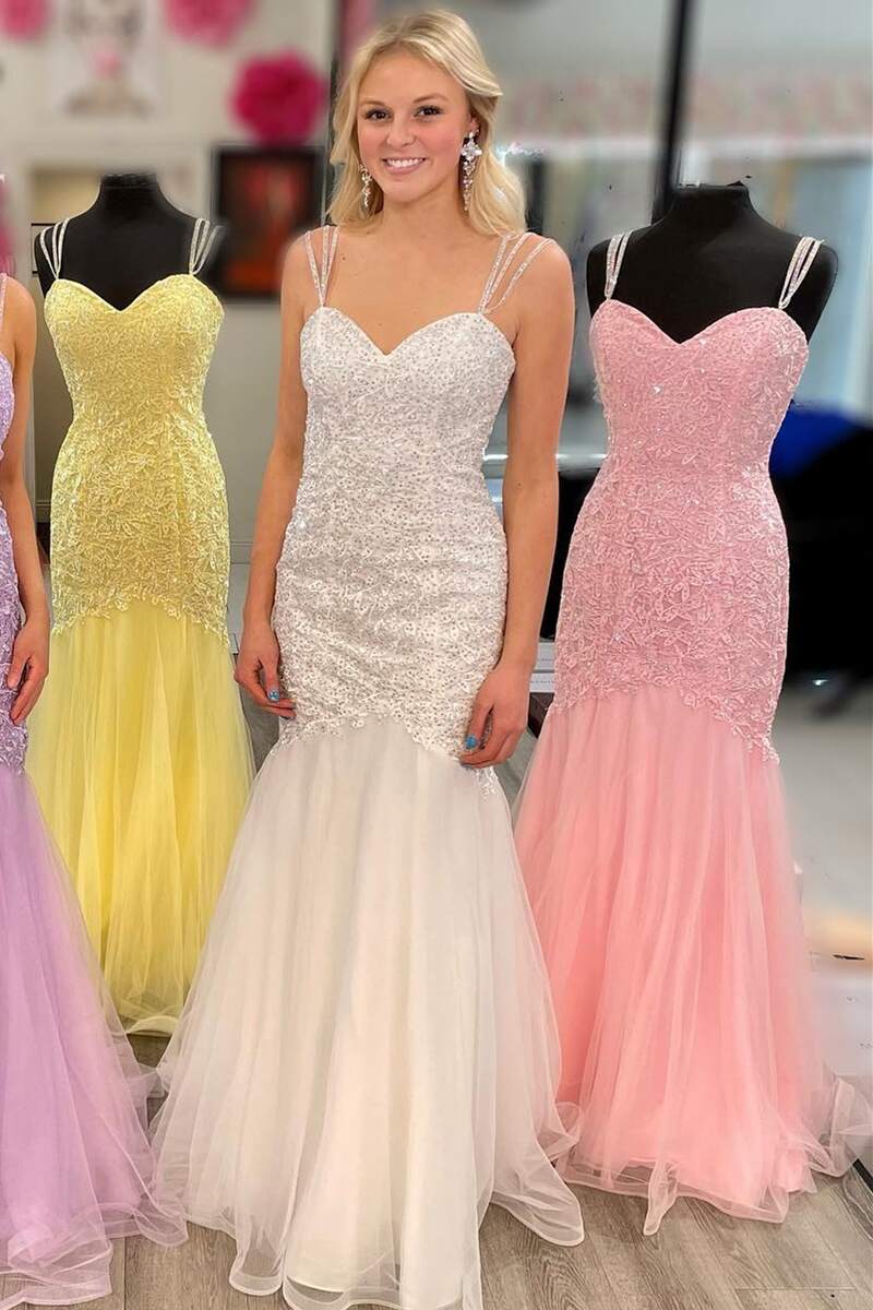 Sweetheart Straps Lace & Tulle Prom Dresses Mermaid With Applique Sweep Train