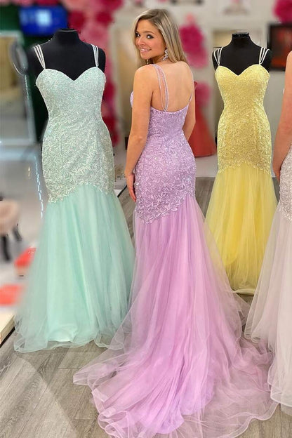 Sweetheart Straps Lace & Tulle Prom Dresses Mermaid With Applique Sweep Train