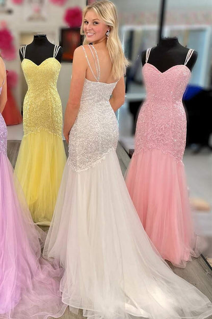 Sweetheart Straps Lace & Tulle Prom Dresses Mermaid With Applique Sweep Train