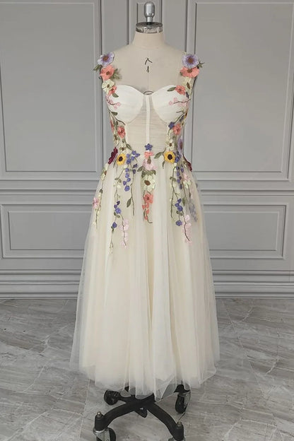 Tea Length Straps Homecoming Dress With Flower