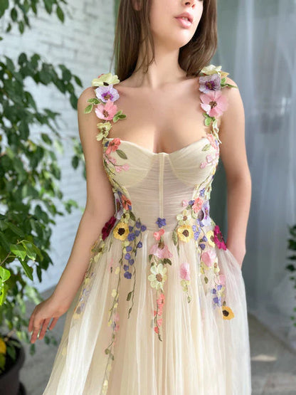 Tea Length Straps Homecoming Dress With Flower