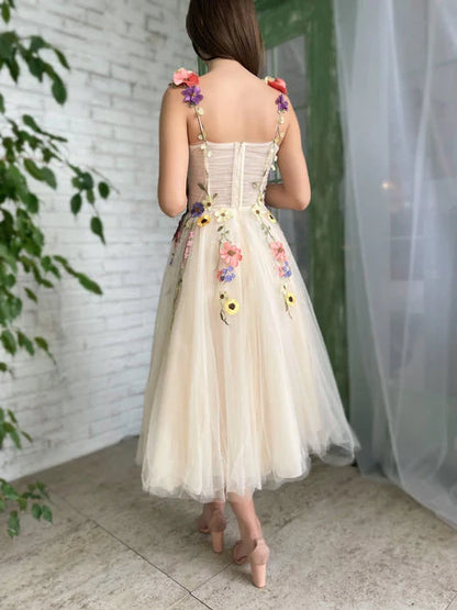 Tea Length Straps Homecoming Dress With Flower