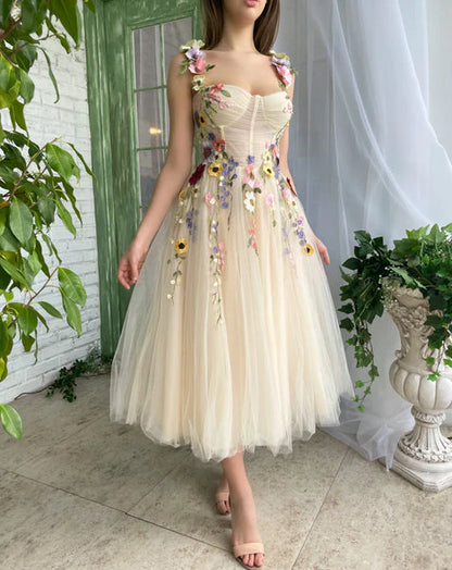 Tea Length Straps Homecoming Dress With Flower