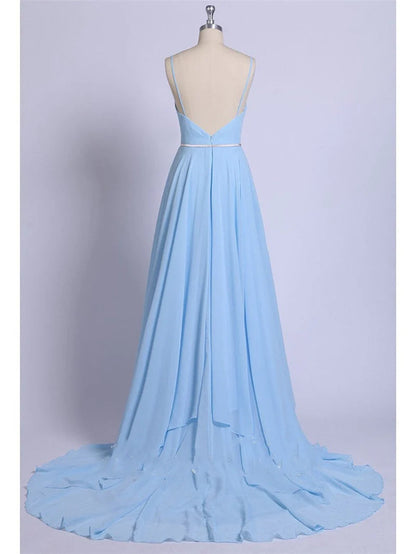 Thigh Split Sky Blue Rustic Beach Wedding Gown With Court Train Evening Prom Dresses