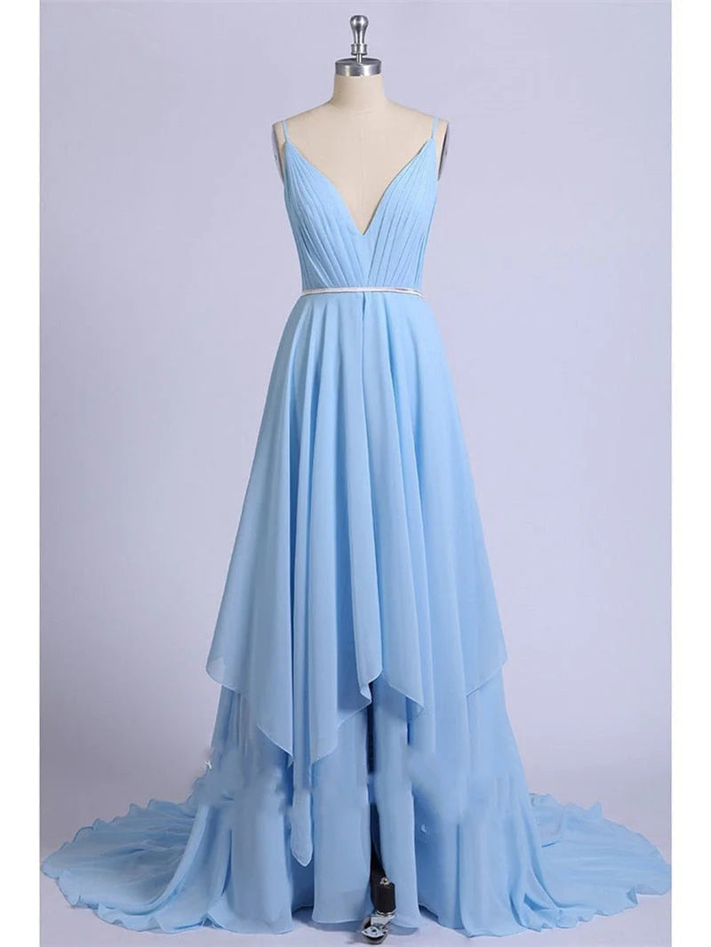 Thigh Split Sky Blue Rustic Beach Wedding Gown With Court Train Evening Prom Dresses