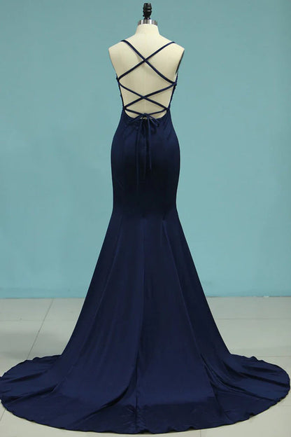 Mermaid Sleeveless Spaghetti Straps Sweep/Brush Train Applique Spandex Prom Dresses