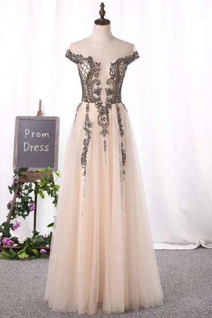 Prom Dresses A Line Bateau Cap Sleeve With Beads Open Back