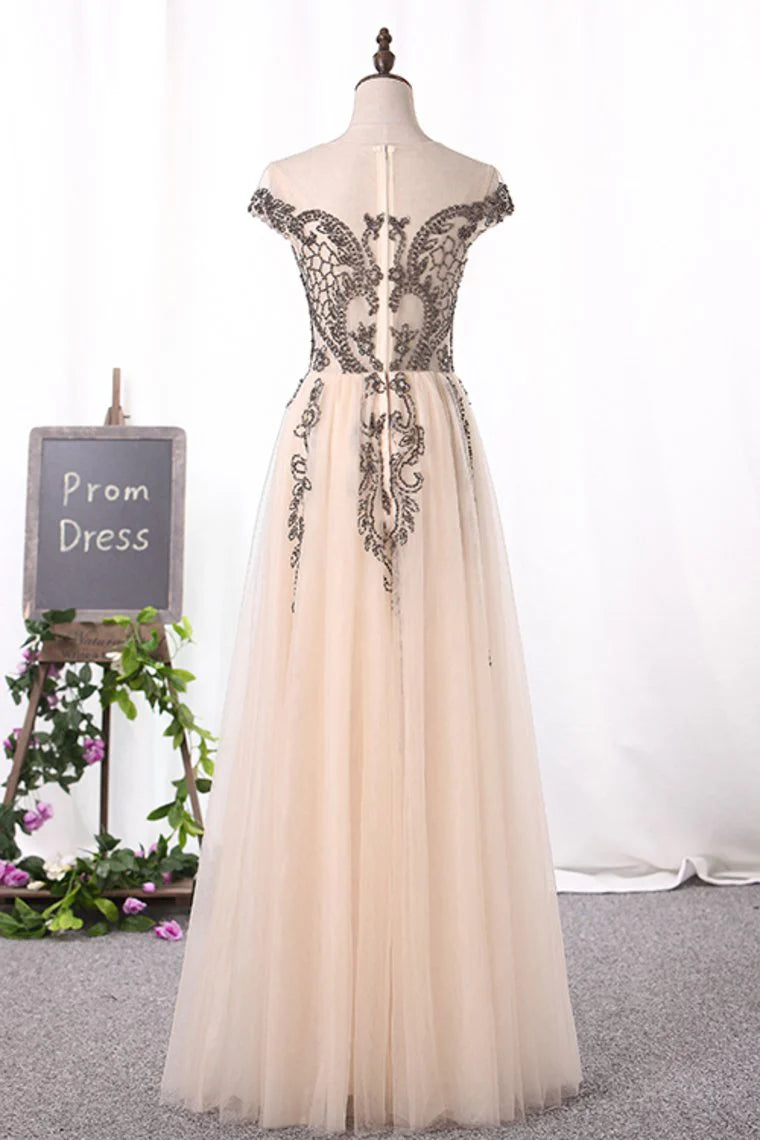 Prom Dresses A Line Bateau Cap Sleeve With Beads Open Back