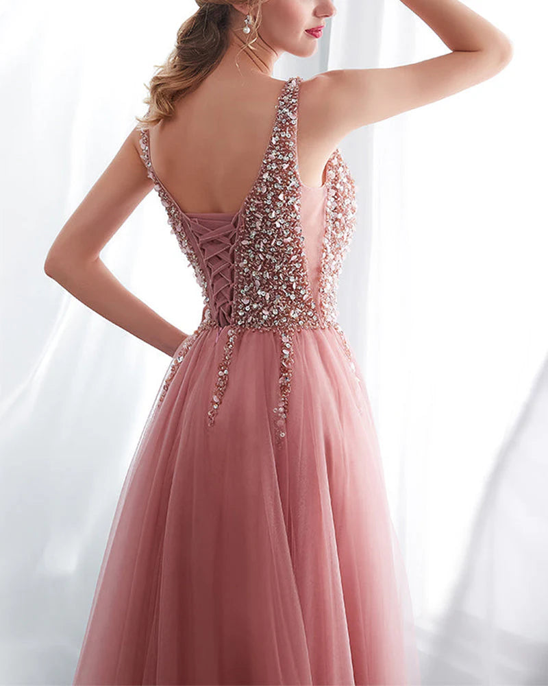 Prom Dresses A Line Dusty Rose Long Sequins Shiny Bodice V Neck Formal Dress