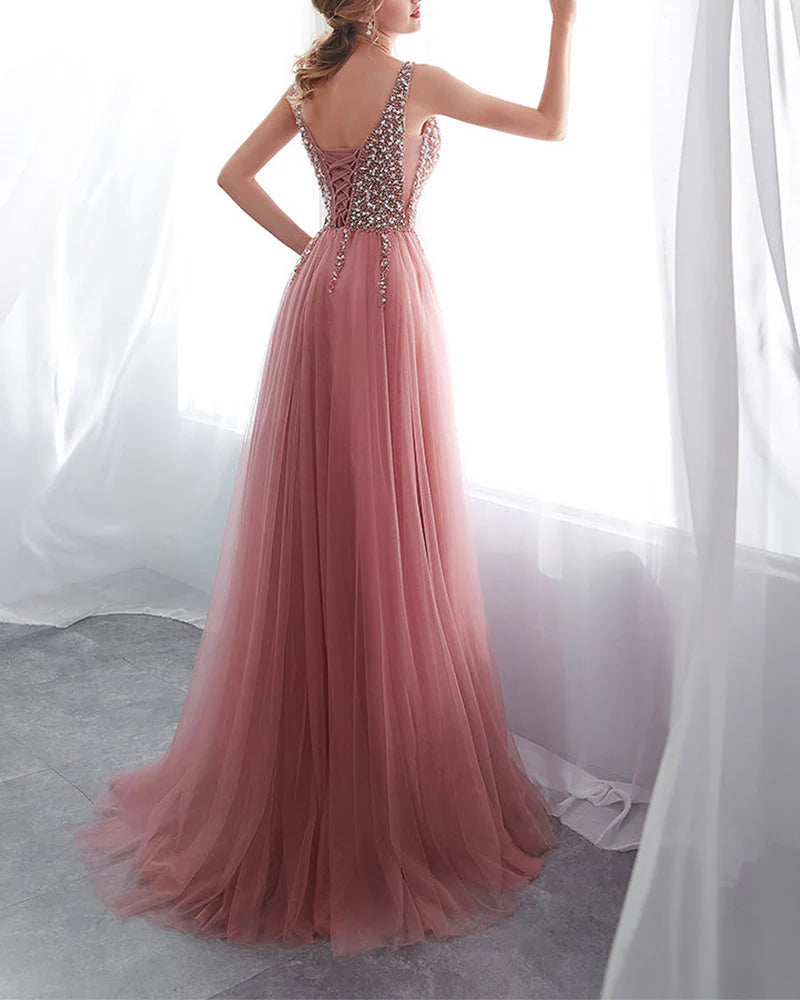 Prom Dresses A Line Dusty Rose Long Sequins Shiny Bodice V Neck Formal Dress