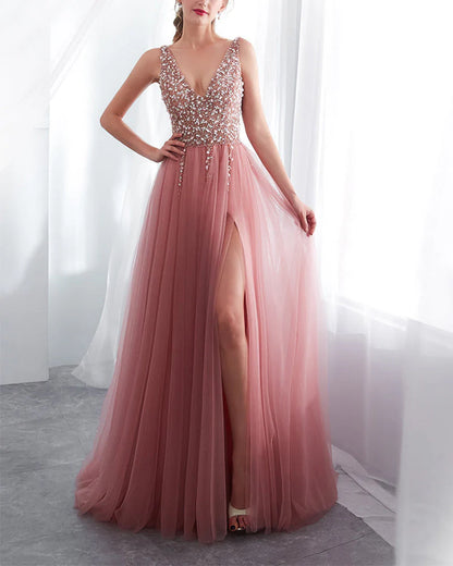 Prom Dresses A Line Dusty Rose Long Sequins Shiny Bodice V Neck Formal Dress