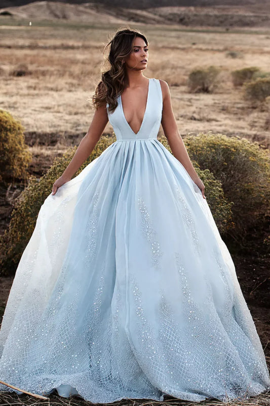 Tulle Prom Dresses A Line V Neck With Applique And Beads Sweep Train