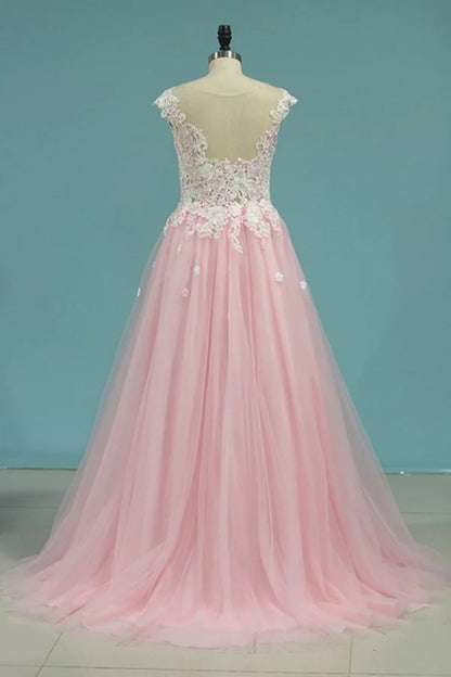 Tulle Prom Dresses Scoop With Applique A Line Sweep Train