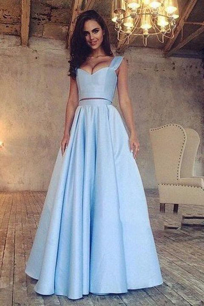 A Line Blue Satin Sweetheart Prom Dresses Cheap Floor Length Evening Dresses