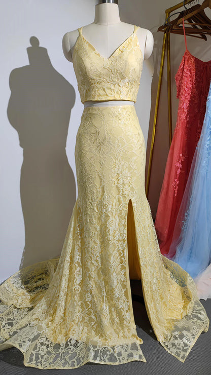 Two Piece Lace Mermaid Light Yellow Peach Long Sexy Sleeveless Prom Dresses