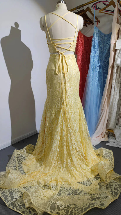 Two Piece Lace Mermaid Light Yellow Peach Long Sexy Sleeveless Prom Dresses