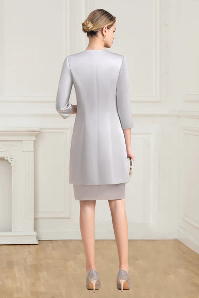 Two Piece Scoop 3/4 Sleeves Short Silver Sheath Mother of the Bride Dress with Jacket