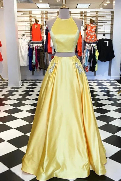 Two Pieces Halter Open Back Yellow Prom Dresses Beads Evening Dresses with Pockets