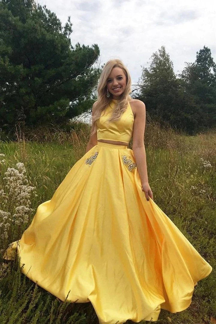 Two Pieces Halter Open Back Yellow Prom Dresses Beads Evening Dresses with Pockets