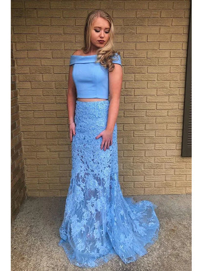 Two Pieces Mermaid Lace Appliques Off the Shoulder Tulle Prom Dresses with Beads