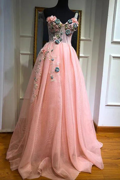 Unique One Shoulder Pink Prom Dresses Appliques Sweetheart Long Evening Dresses