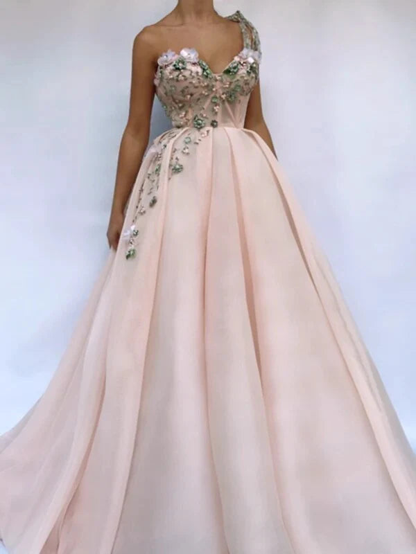 Unique One Shoulder Pink Prom Dresses Appliques Sweetheart Long Evening Dresses