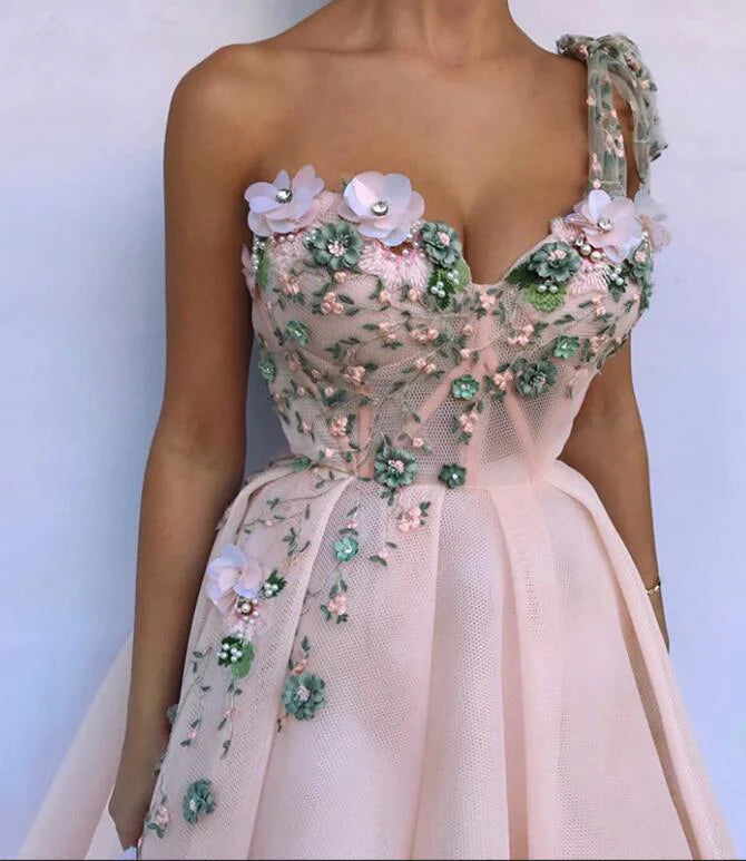 Unique One Shoulder Pink Prom Dresses Appliques Sweetheart Long Evening Dresses