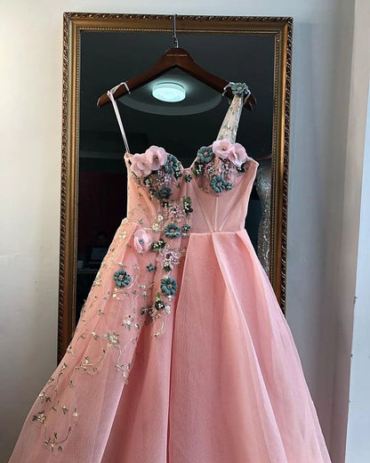 Unique One Shoulder Pink Prom Dresses Appliques Sweetheart Long Evening Dresses