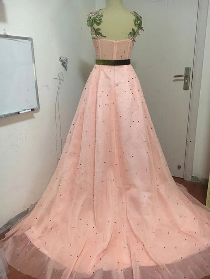 Unique Sweetheart Spaghetti Straps Prom Dresses with Flowers Pockets