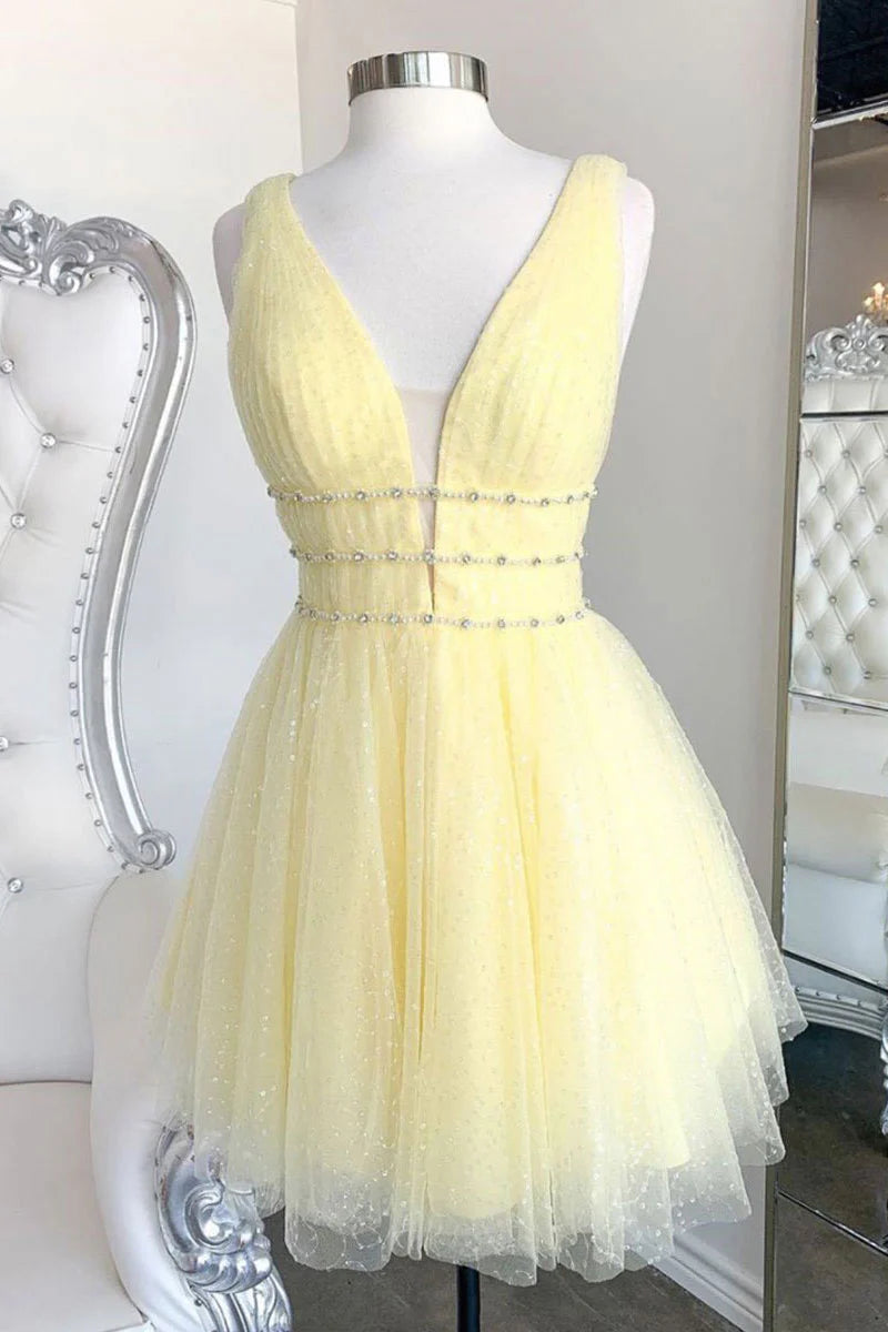 Amzcw Unique Yellow v neck tulle sequin short prom dress yellow formal dress