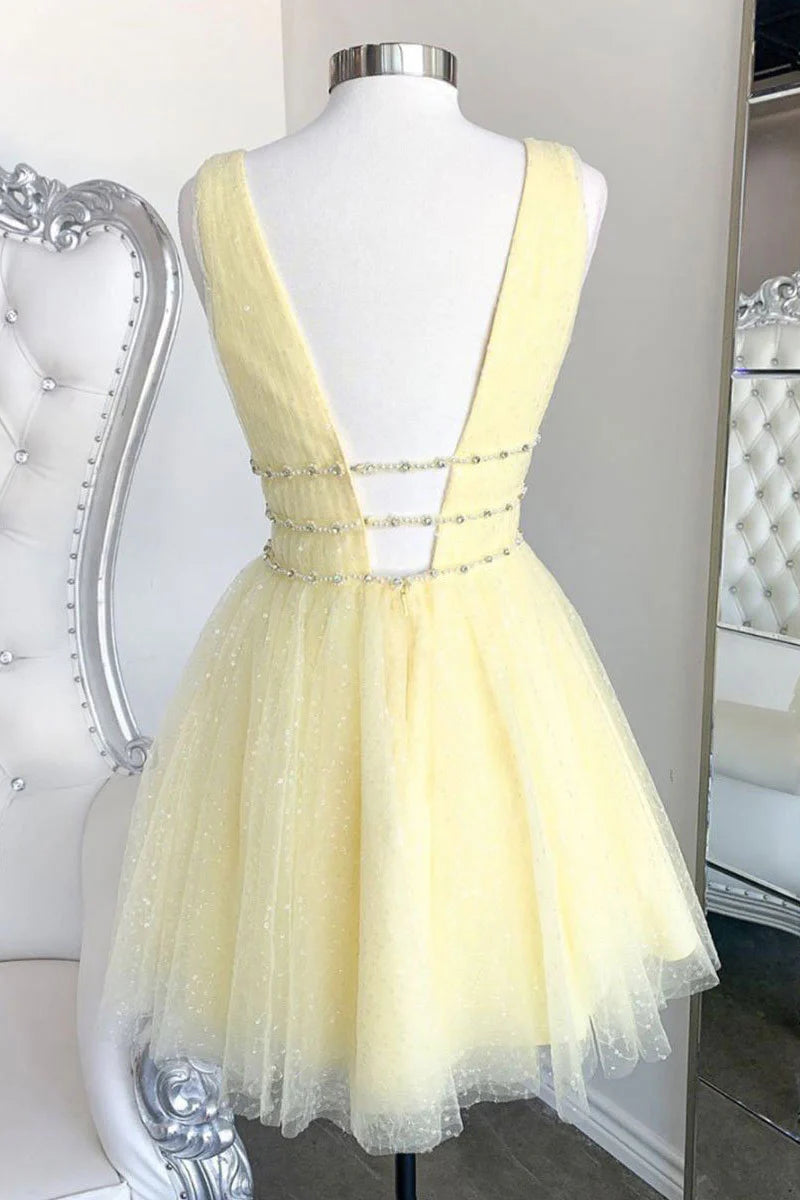 Amzcw Unique Yellow v neck tulle sequin short prom dress yellow formal dress