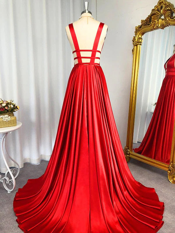 V-Neck A Line Prom Dresses Satin Zipper Up Sweep Train