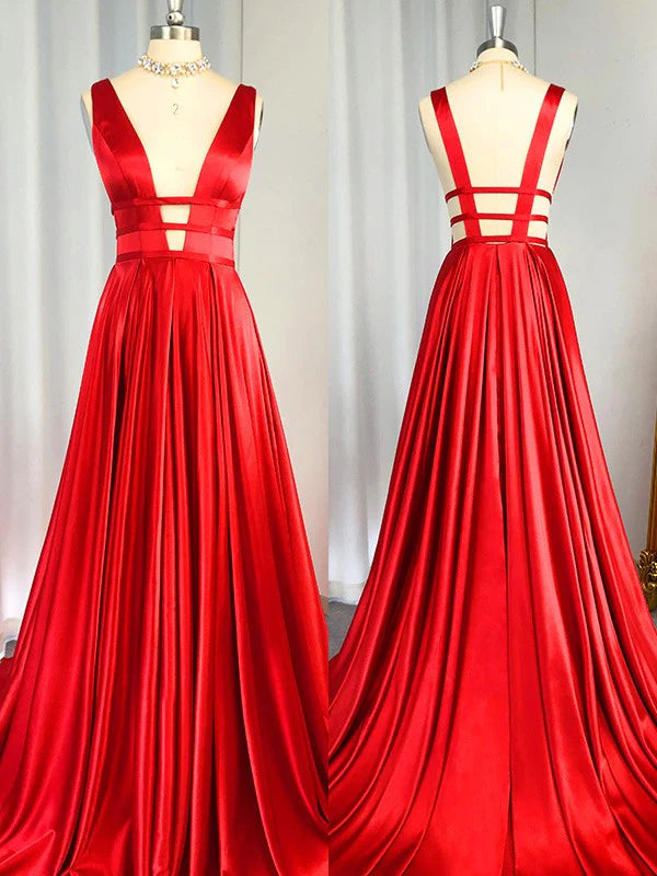 V-Neck A Line Prom Dresses Satin Zipper Up Sweep Train