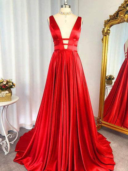 V-Neck A Line Prom Dresses Satin Zipper Up Sweep Train