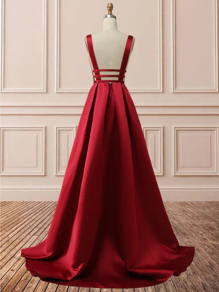 V-Neck A Line Prom Dresses Satin Zipper Up Sweep Train