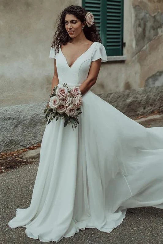 V Neck A Line Short Sleeves Simple Wedding Dresses