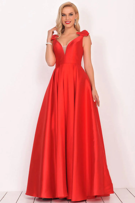 V-Neck Bubble Shoulder A-Line Satin Evening Dress Floor-Length