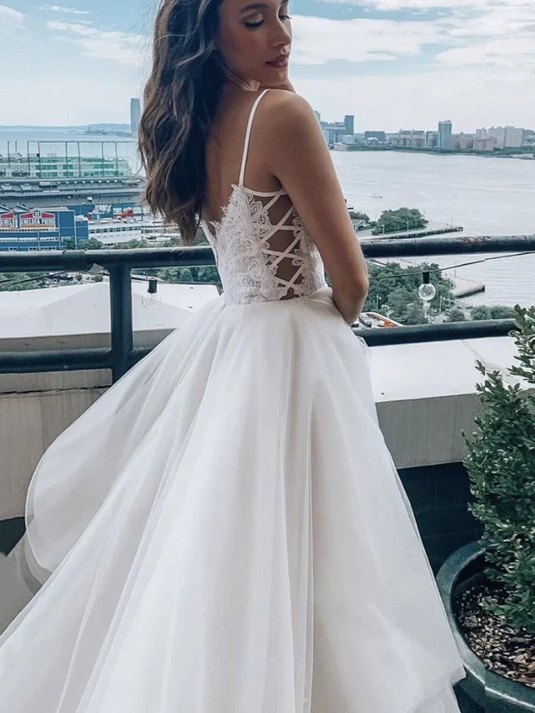 V Neck Lace Top Spaghetti Straps Wedding Dresses