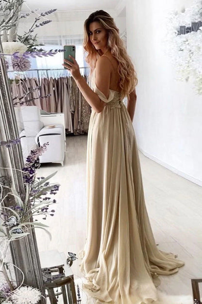 V-Neck Prom Dresses A Line Chiffon & Lace With Slit