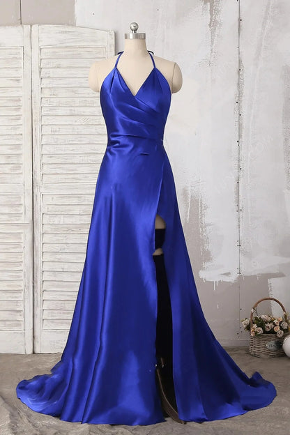 V-Neck Prom Dresses Dark Royal Blue A Line Chiffon