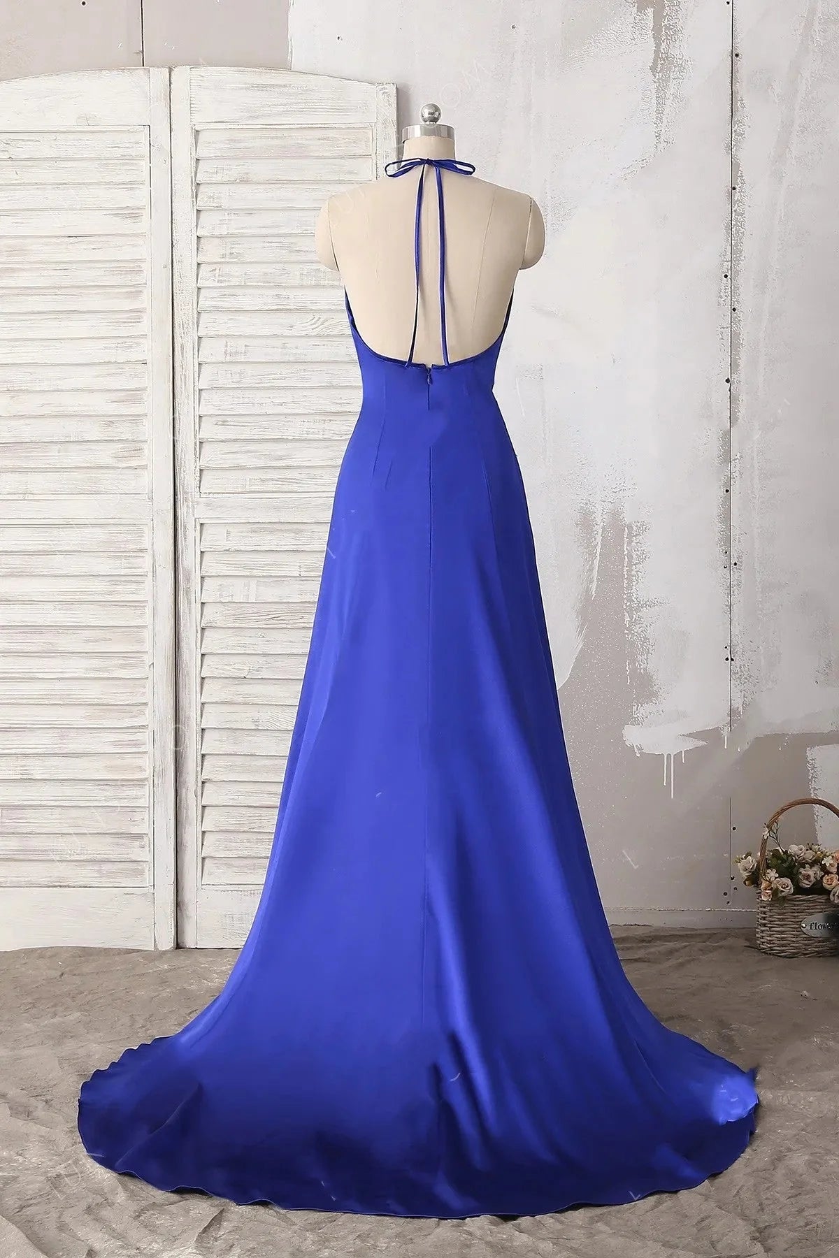 V-Neck Prom Dresses Dark Royal Blue A Line Chiffon